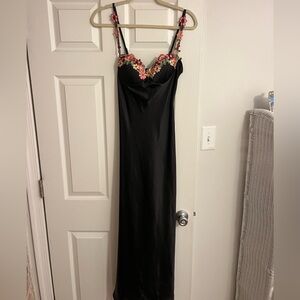 Black Satin Dress with Pink & Coral Floral Applique